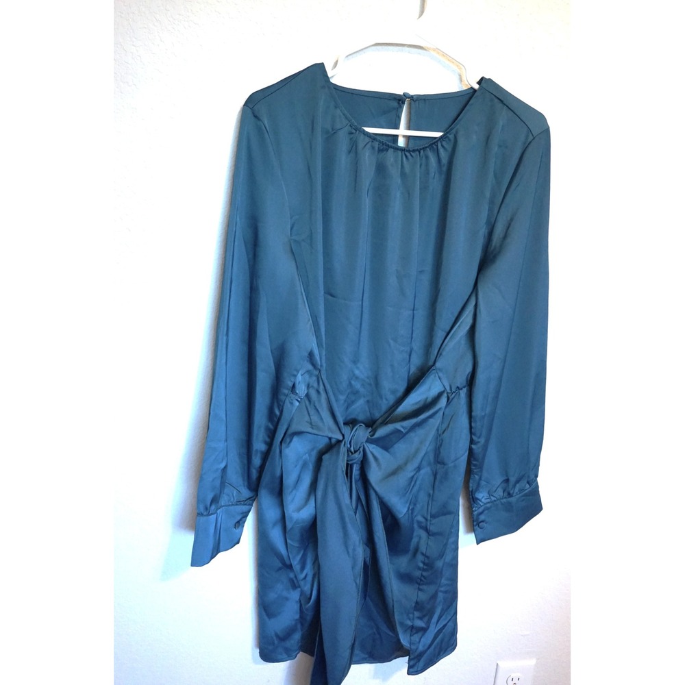 G&Y Teal Blue Satin Tie Front Mini Dress Long Sleeve Cocktail XXL NEW - Picture 3 of 8